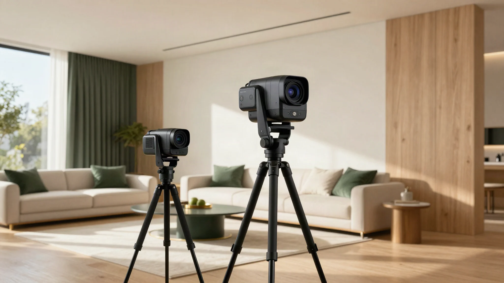 A 360 camera and a professional spatial camera inside a modern Los Angeles living room
