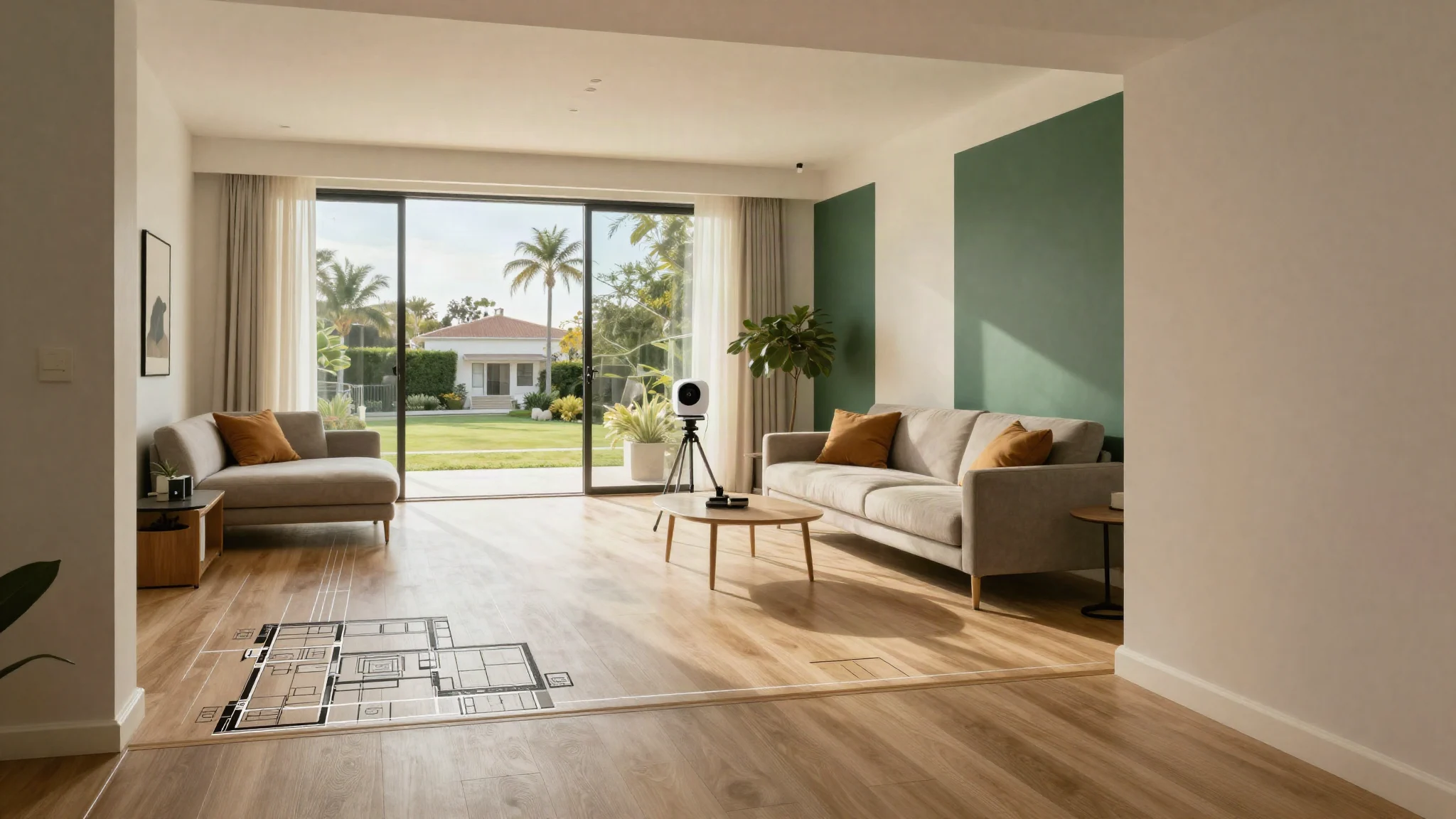 A bright living room with a scanning camera on a tripod and floor plan lines drawn across the wood floor