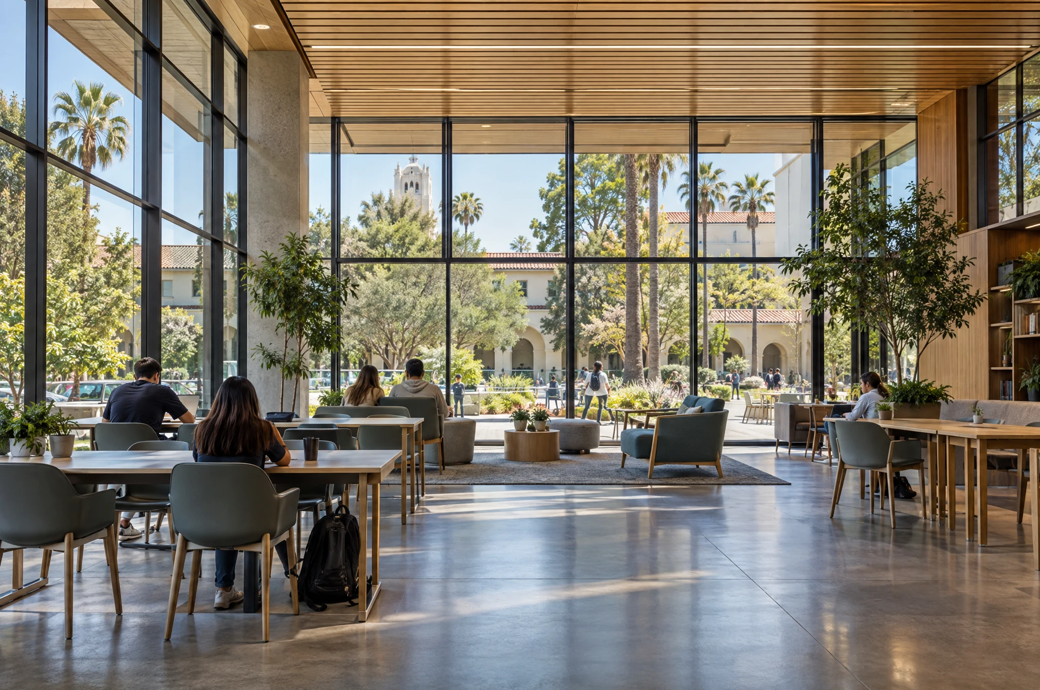 University learning commons opening to a landscaped campus courtyard