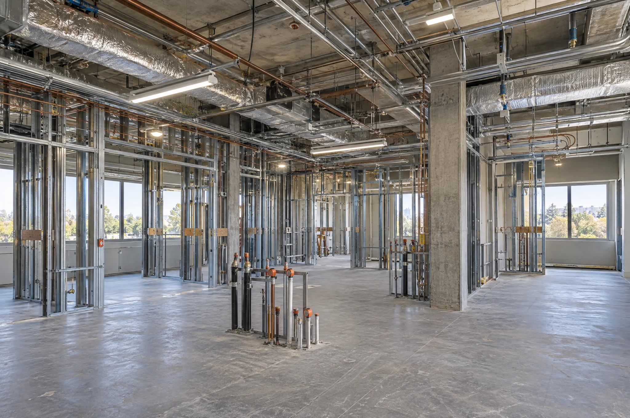 Unfinished interior and building systems documented during a renovation milestone