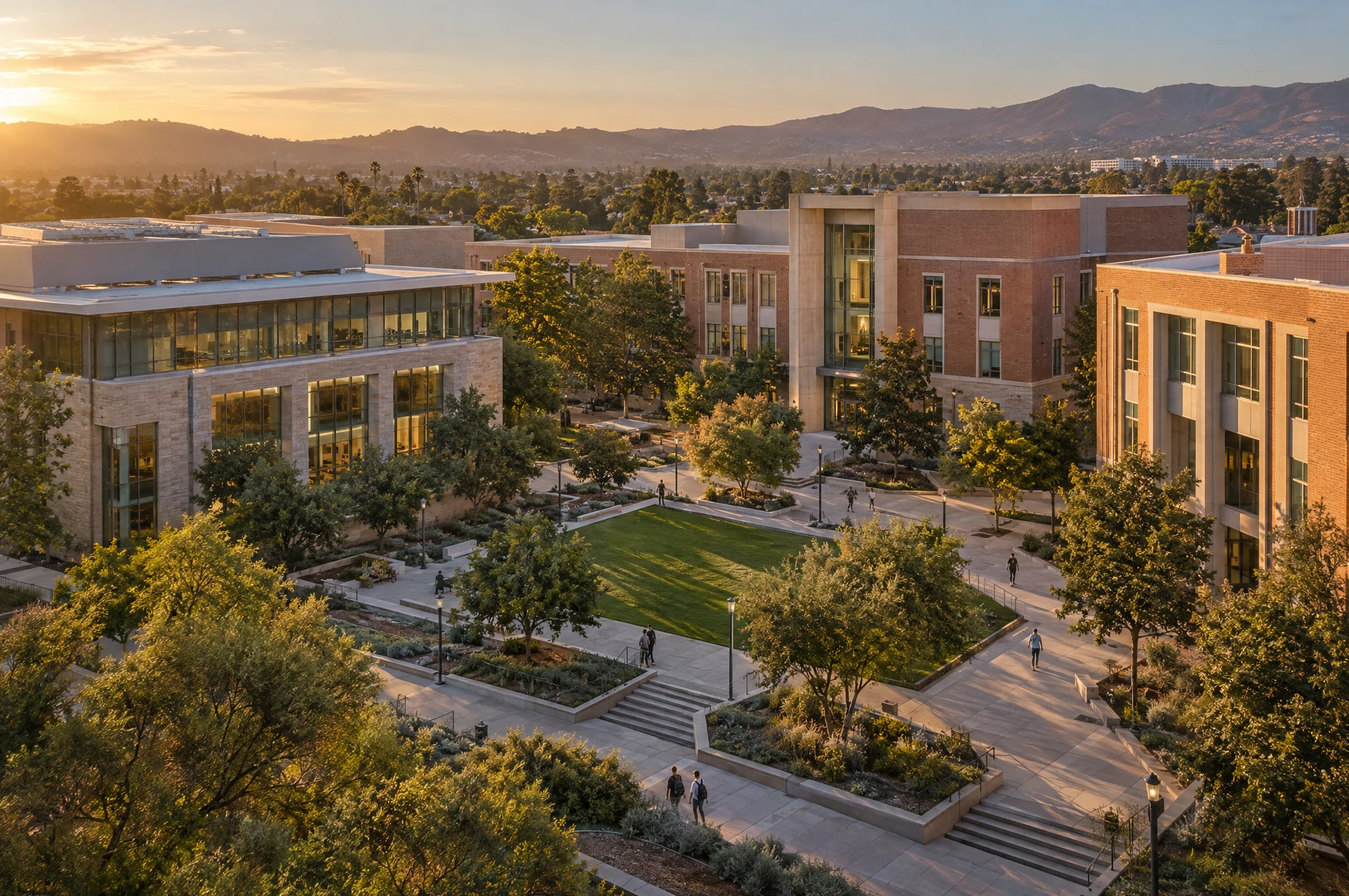 Aerial view of a multi-building property and surrounding grounds