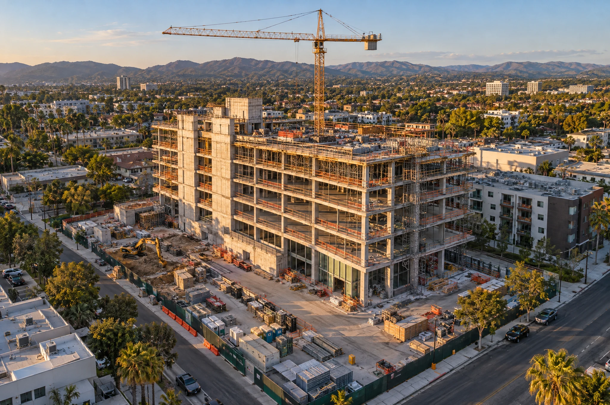 Aerial property view showing building and surrounding site context