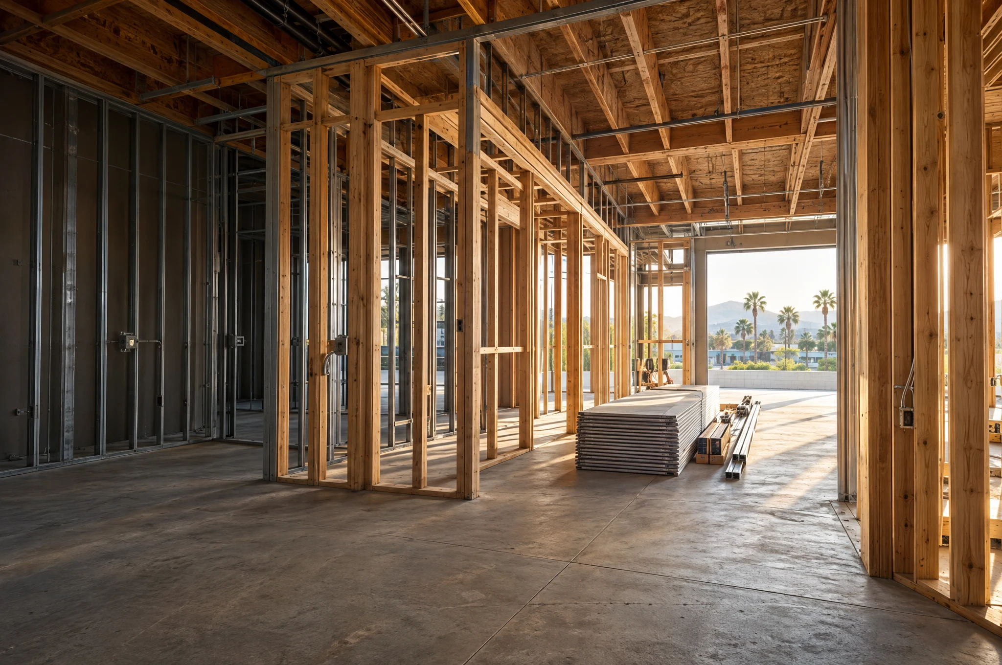 Open wood framing inside an active construction project
