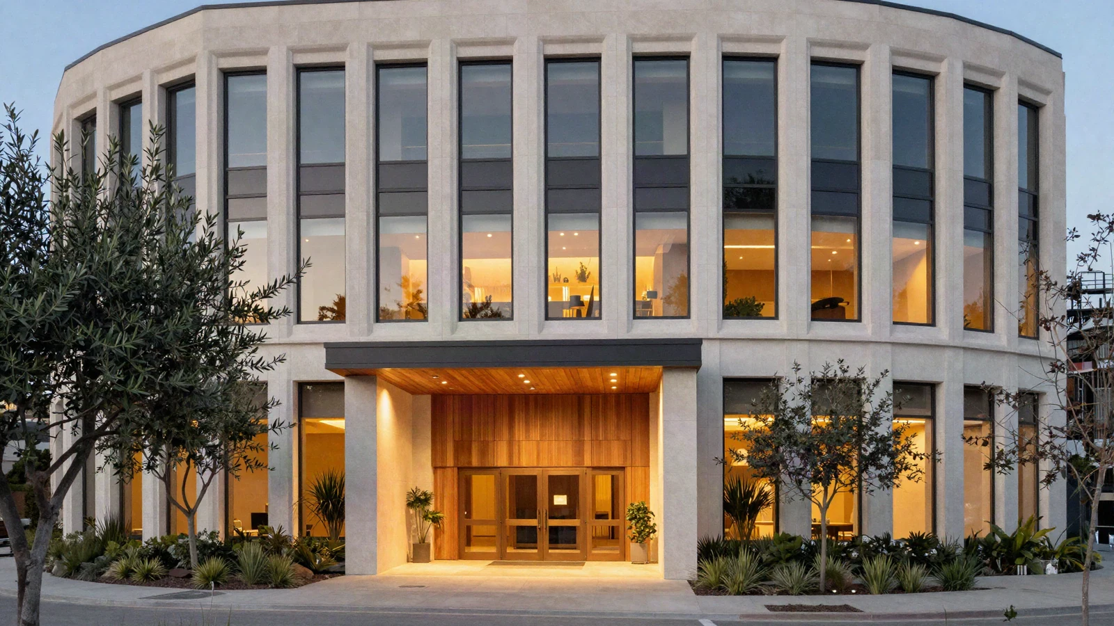 Illustrative commercial office building generated with Higgsfield