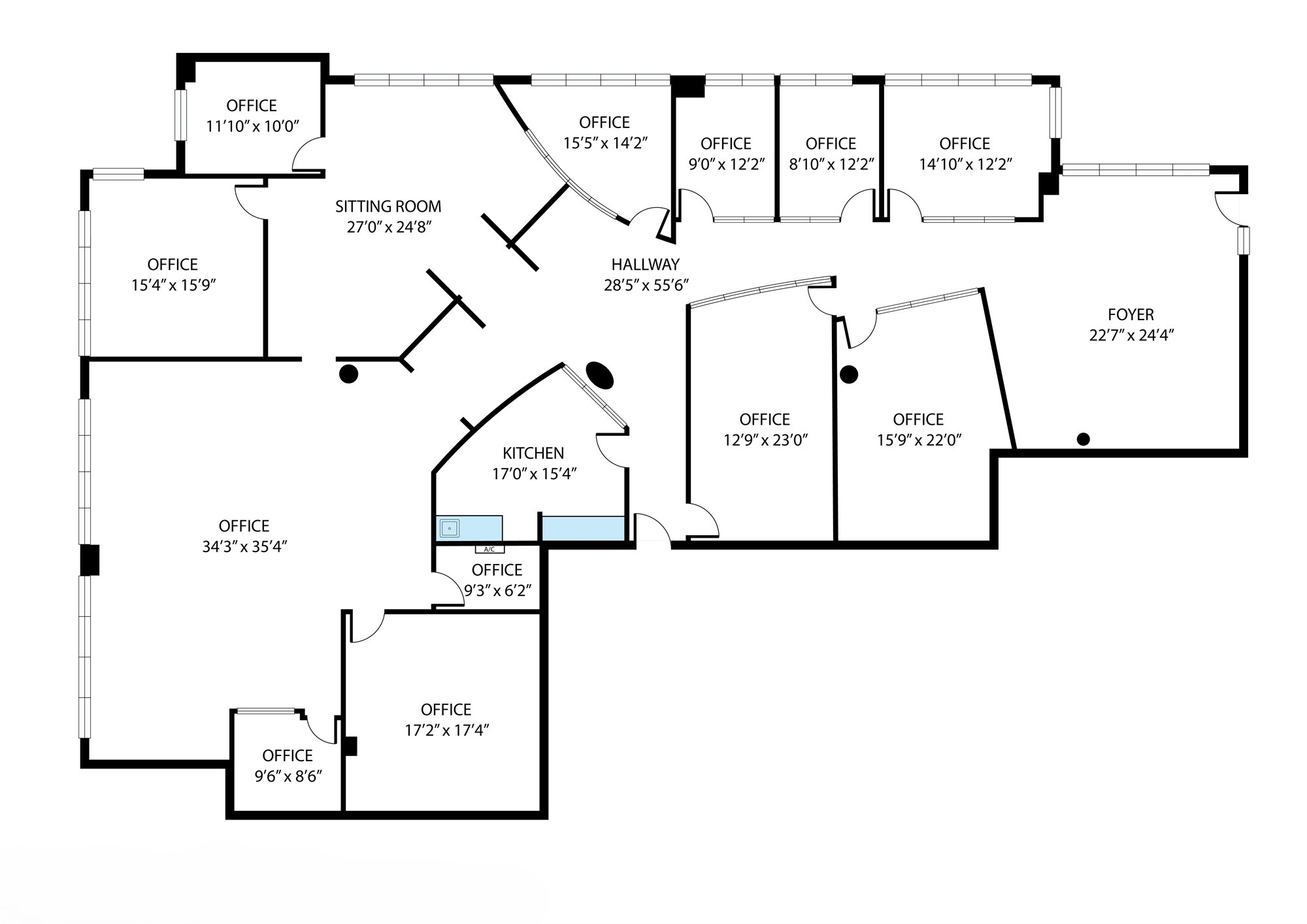 Commercial office floor plan prepared for leasing review