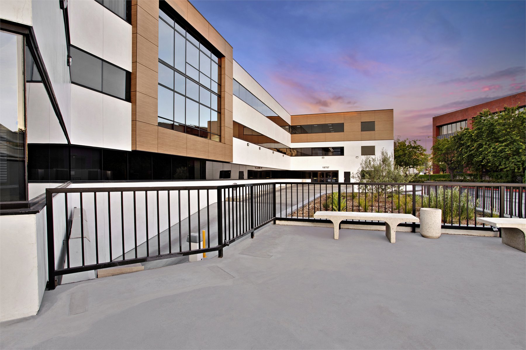 Commercial courtyard photographed at twilight