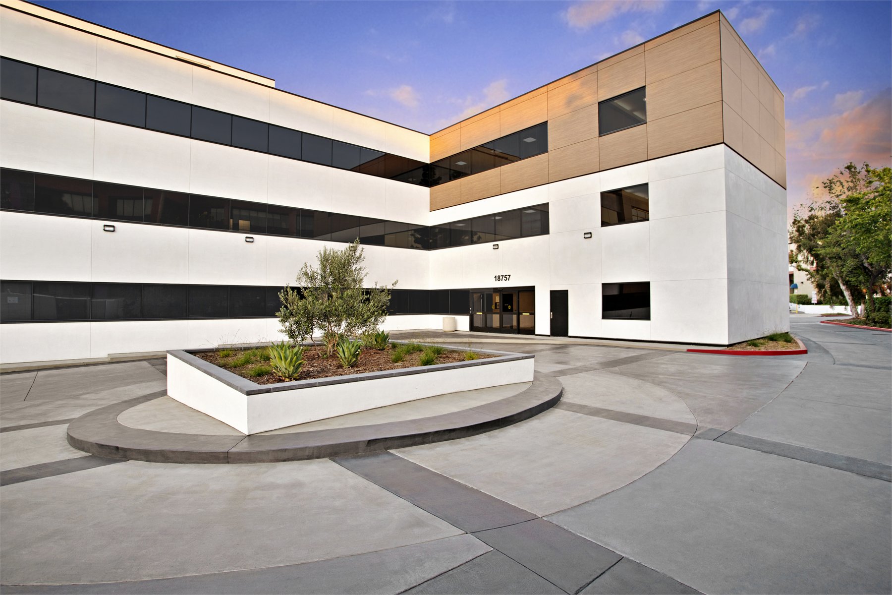 Commercial exterior photographed with evening light