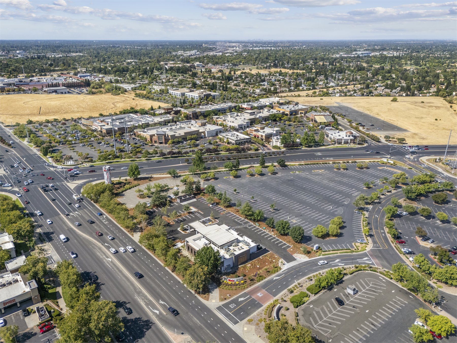 Hospitality aerial photo showing rooftop and venue context