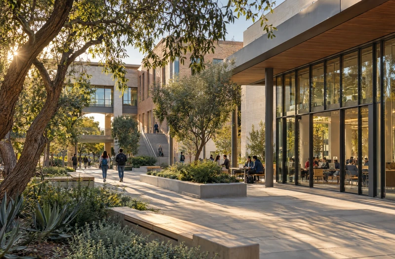 Modern multi-story building and courtyard photographed for a campus-style showcase