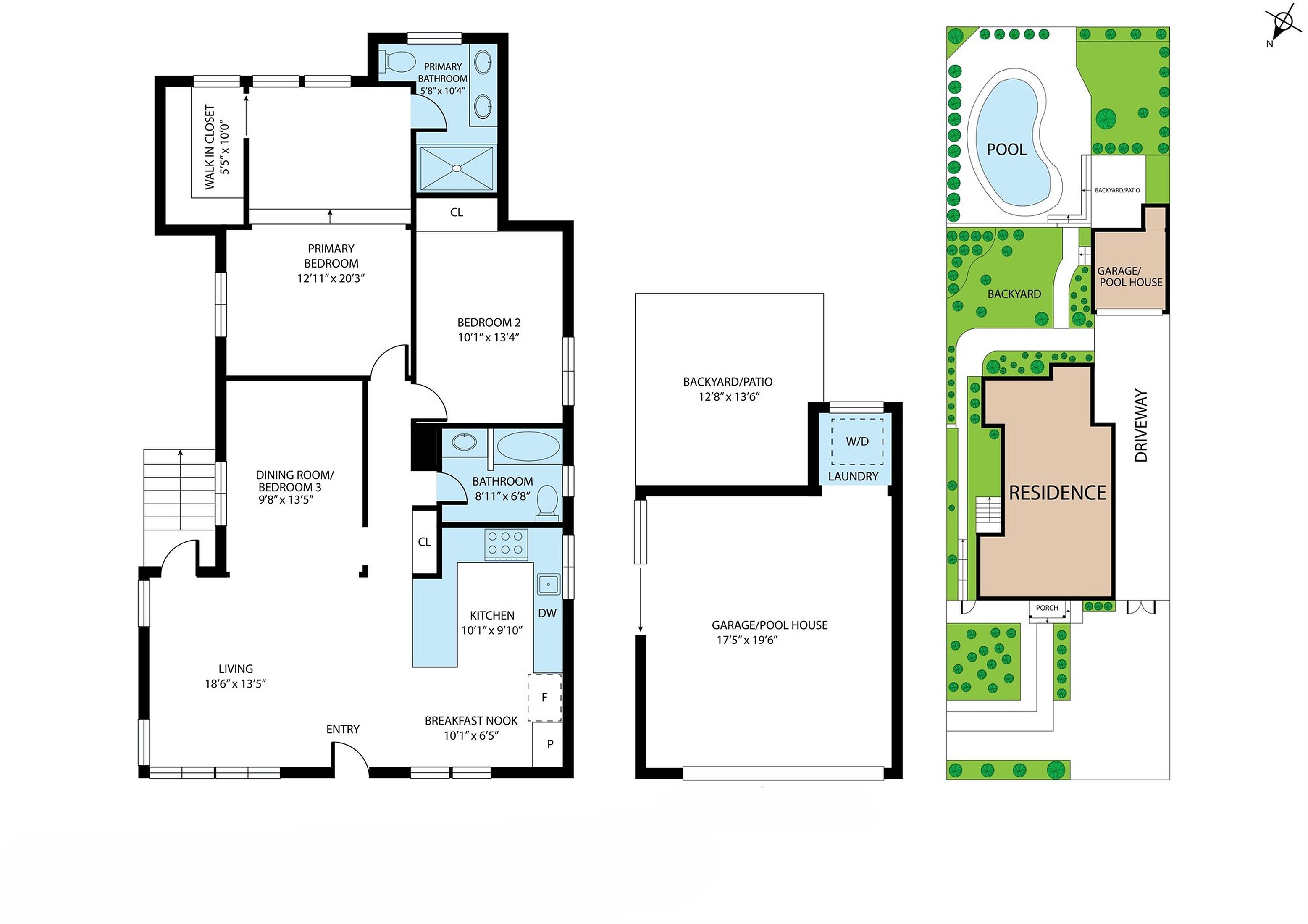 Clean Door3D floor plan showing residential room labels, yard context, driveway, garage, and pool