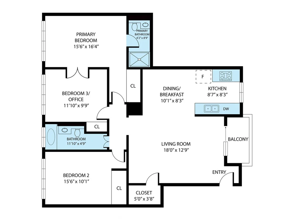 2D floor plan of a three-bedroom condo with room names and dimensions