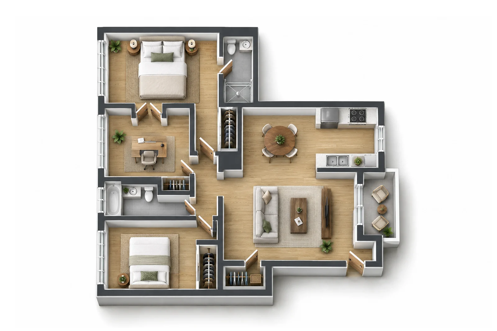 Furnished three-dimensional floor plan of a condo, viewed from above