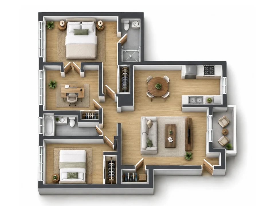3D floor plan of the same condo with furniture, oak floors, and tiled baths