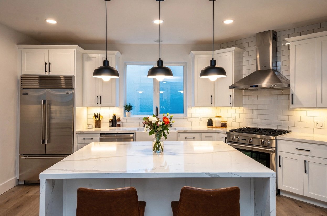 Bright residential kitchen island photographed for listing media