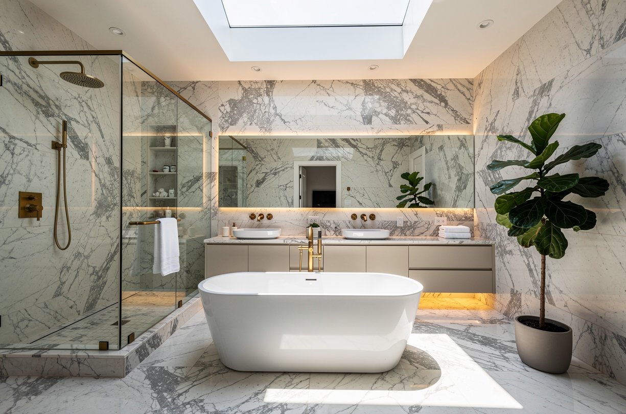 Spa-style bathroom photographed for residential listing media
