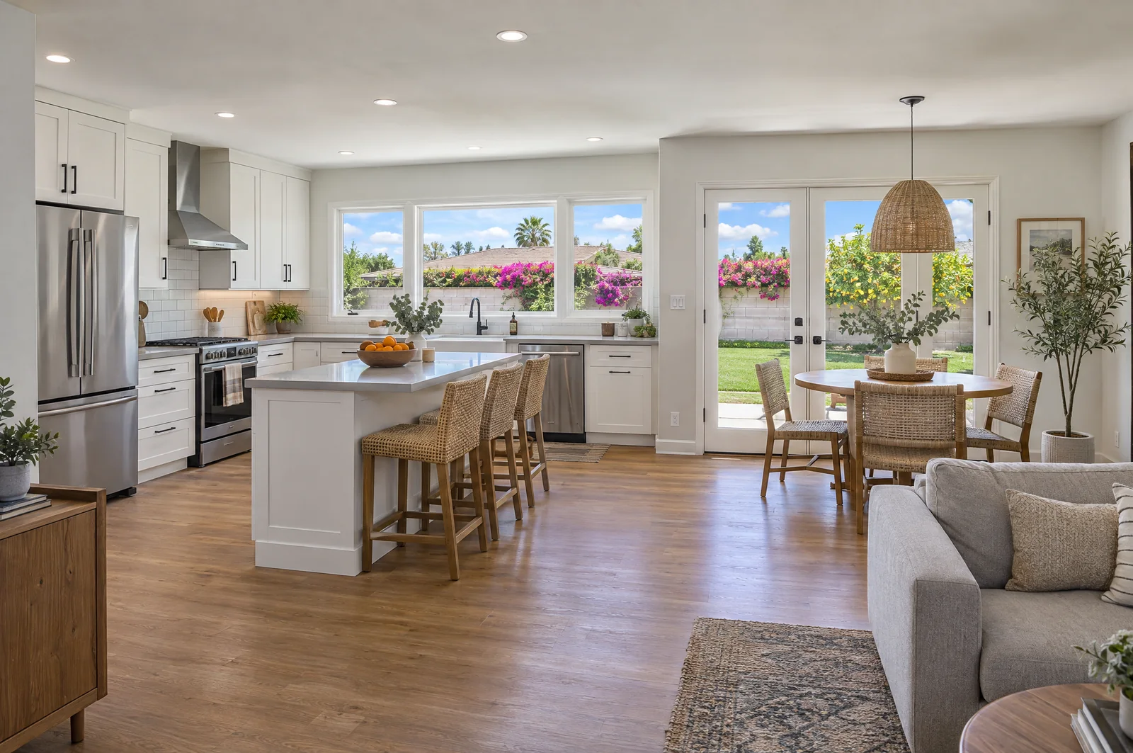 Door3D HDR photo of an open kitchen, dining nook and living area shot wide, with true white cabinets, even light, and the sunny backyard clearly visible through the window and patio doors