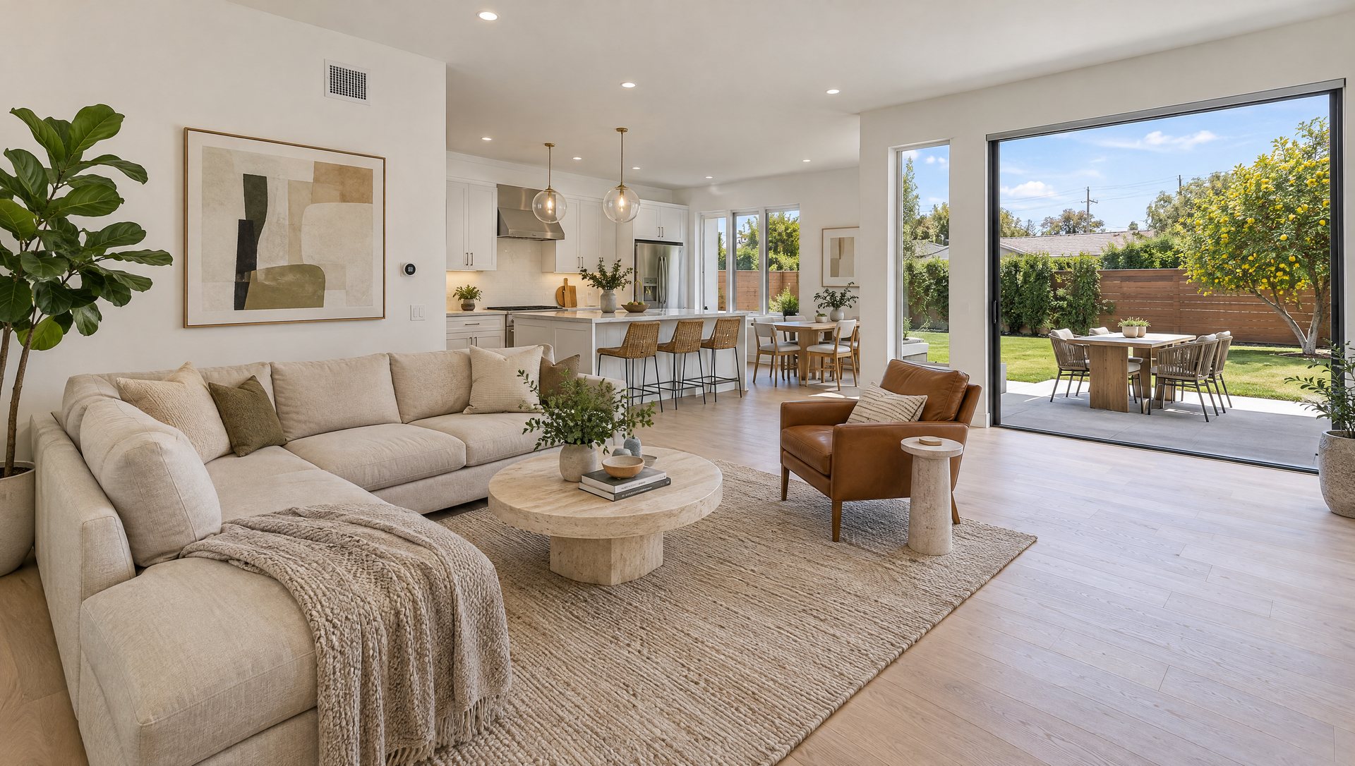 Bright open living room and kitchen in an HDR listing photo, with the backyard clearly visible through a wide open sliding door