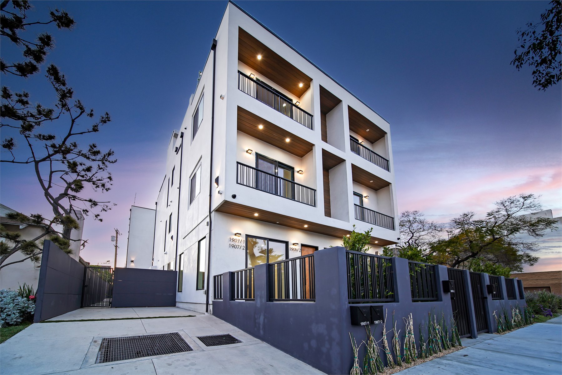 Corner twilight exterior of a residential property