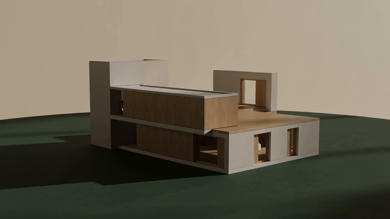 Architectural model transforming from a floor plan into a three-dimensional home