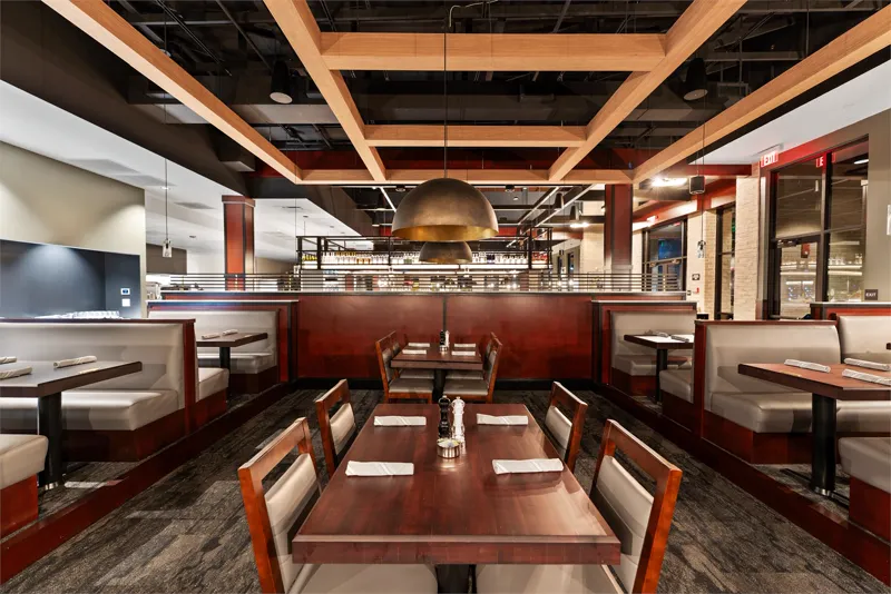 Restaurant main dining room with coffered wood ceiling