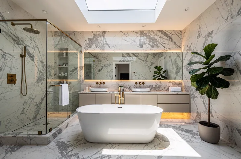 Bright residential bathroom with freestanding tub and marble shower
