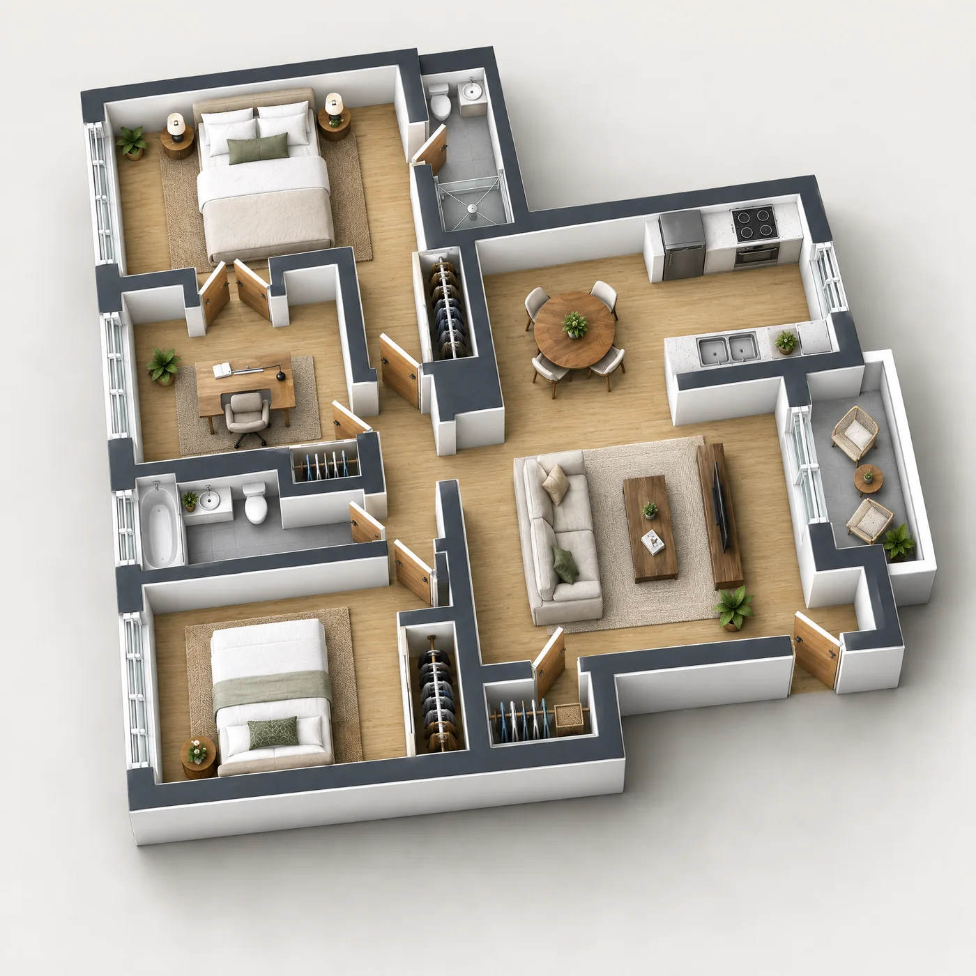 Angled three-dimensional floor plan of a furnished condo