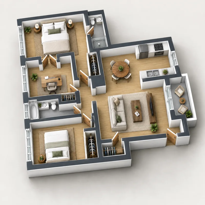 Angled 3D floor plan of the same condo with furniture in every room