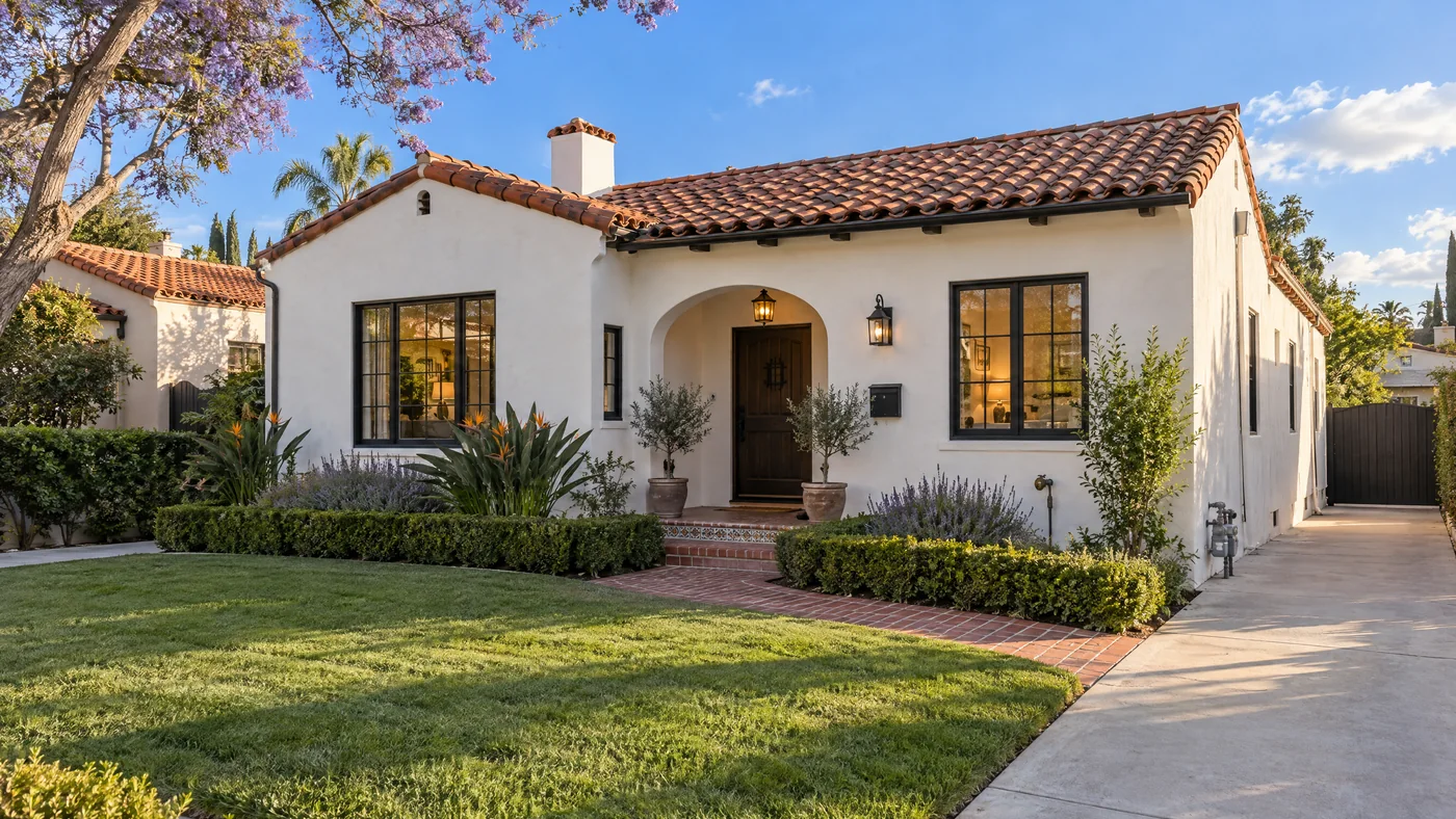 Spanish-style bungalow photographed in late afternoon sun with a deep blue sky, green lawn, and glowing windows