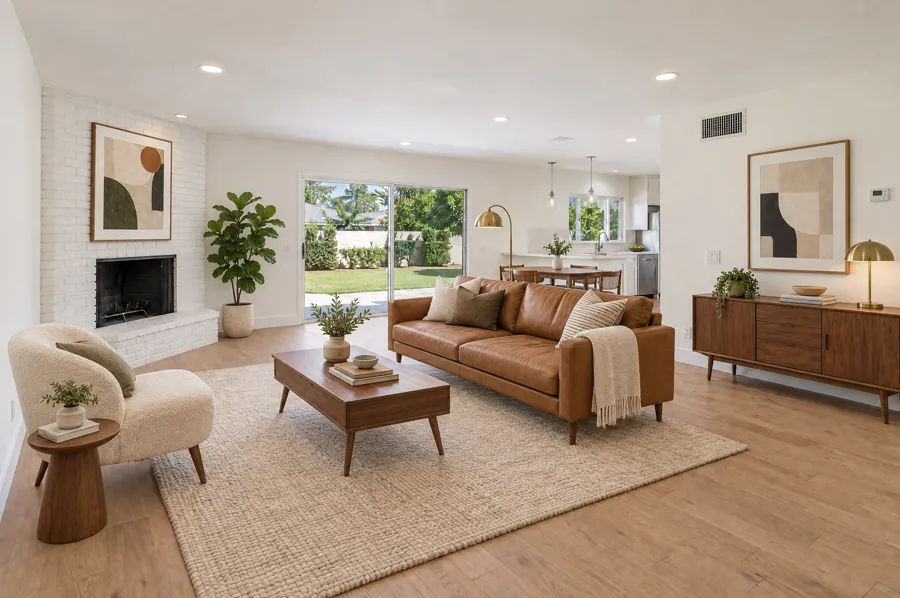 Open Living Room virtually staged in a mid-century modern style