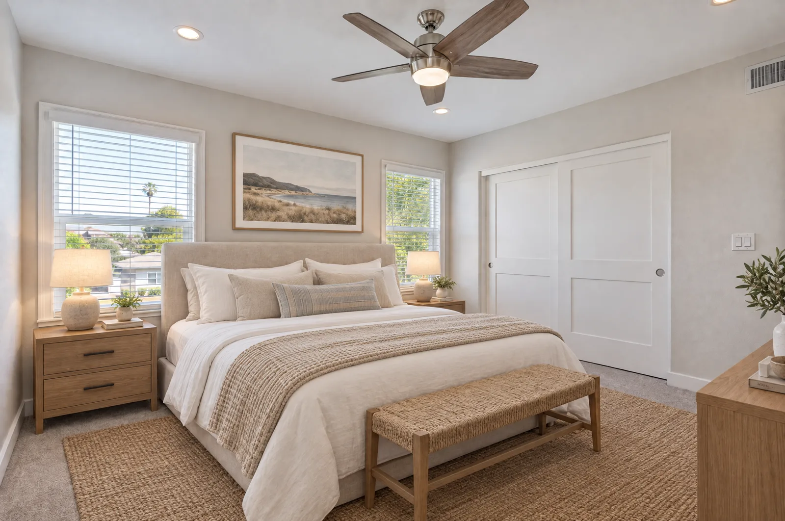 Primary bedroom virtually staged in a calm coastal style