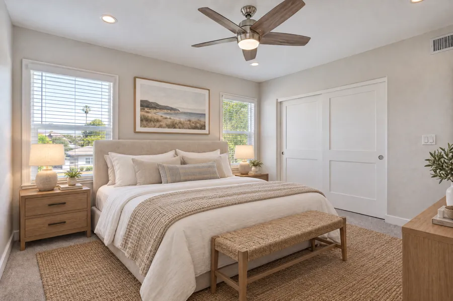 Primary Bedroom virtually staged in a calm coastal style