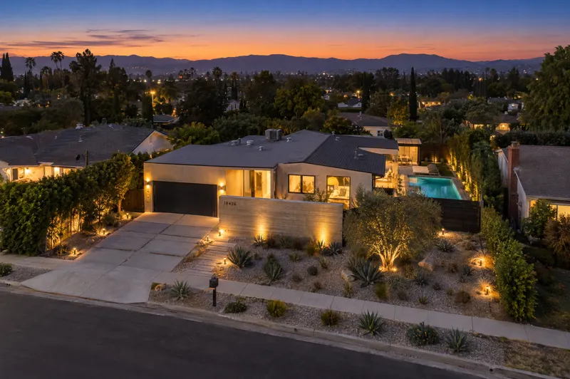 Desert Contemporary home photographed at twilight from an aerial drone angle