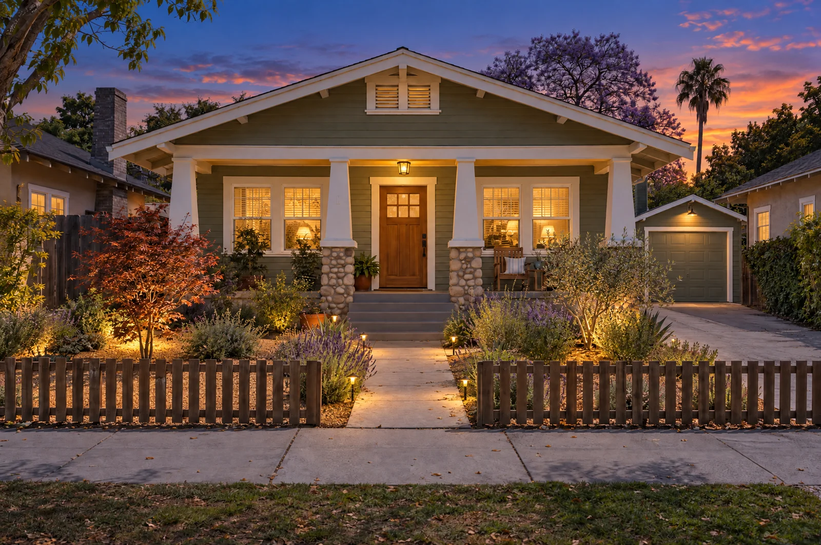 Craftsman bungalow after a virtual twilight edit, with a blue-hour sky and warm porch, window, and landscape lighting
