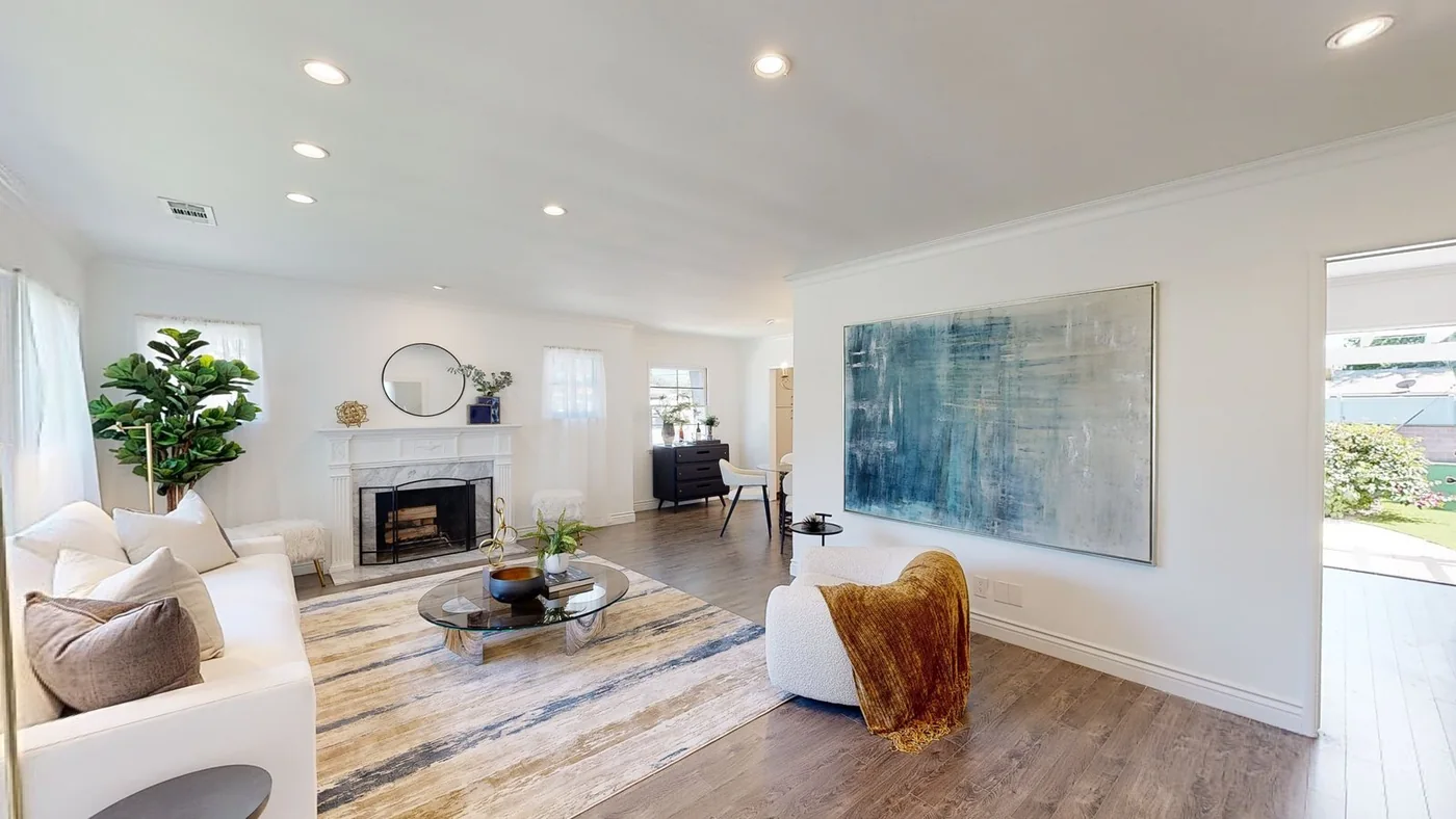 Staged living room seen from inside a Matterport 3D tour of a Los Angeles home