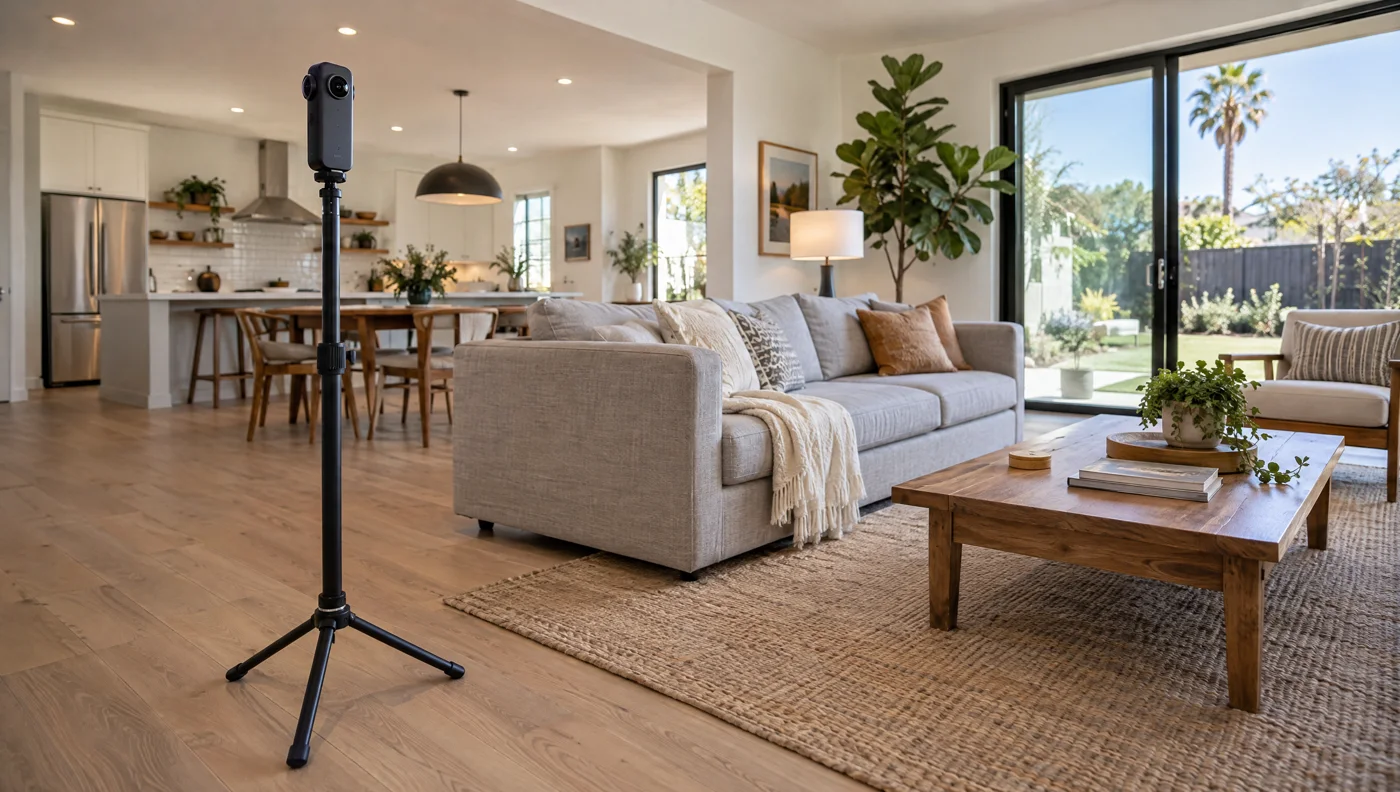 360 camera on a tripod in a bright living room, set up to capture a Zillow 3D Home tour